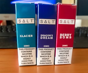 cture showing 3 bottles from the SALT Nicotine range that we sell. Glacier, Dragon's Dream and Berry Bomb.